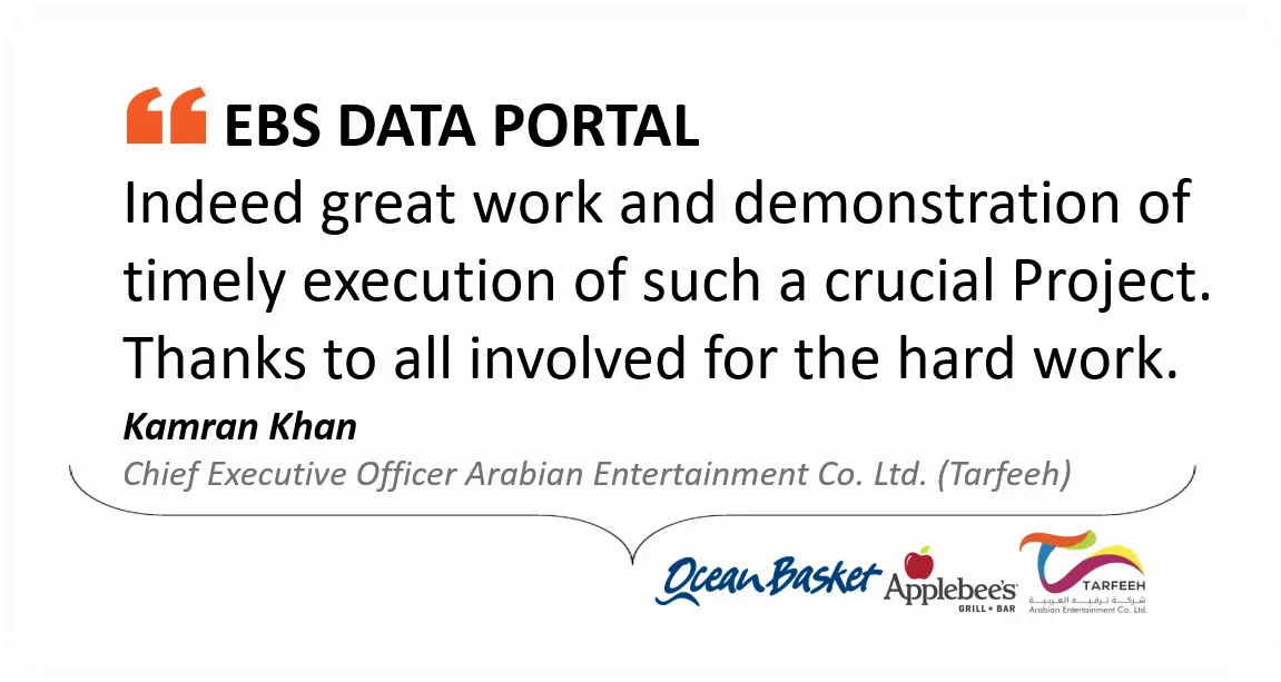 Client Feedback – Kamran Khan | Arabian Entertainment Co. Ltd. Kamran Khan, CEO of Arabian Entertainment Co. Ltd. (Tarfeeh), sharing positive feedback on Out2Sol’s EBS Data Portal implementation